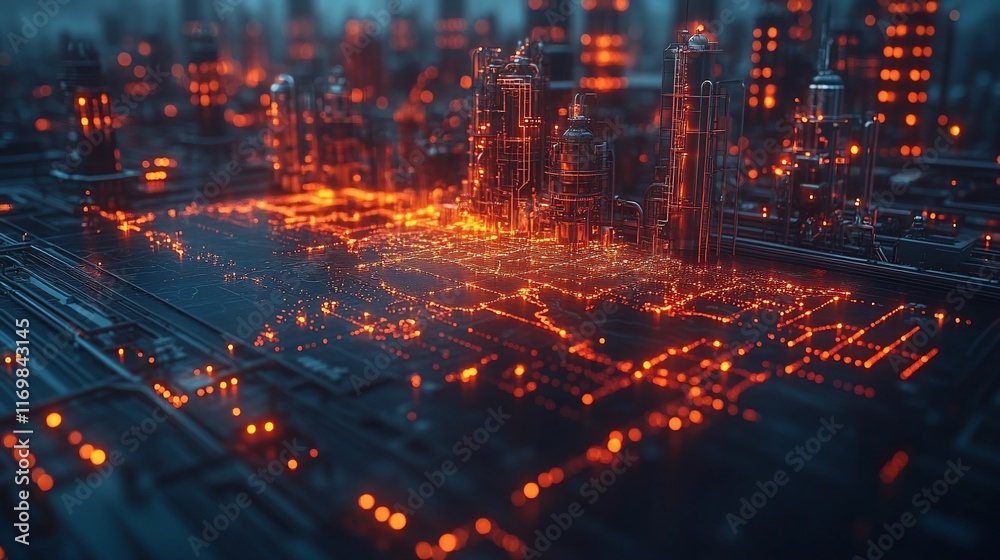 Obraz premium Futuristic Cityscape Illuminated With Glowing Industrial Structures