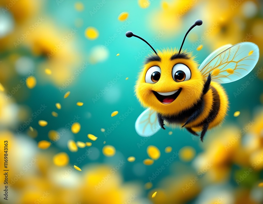 Obraz premium Happy Fuzzy Bee Among Yellow Blossoms: A Cheerful 3D Illustration