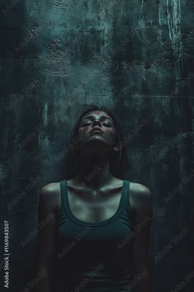 Emotive portrait of a woman looking up with eyes closed in a dimly lit concrete room. Emotive portrait of a woman looking up with eyes closed in a dimly lit concrete room.