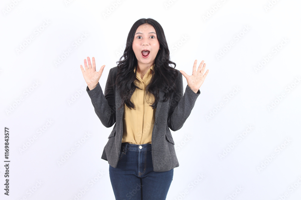 Businesswoman mouth open and both hands open Businesswoman mouth open and both hands open