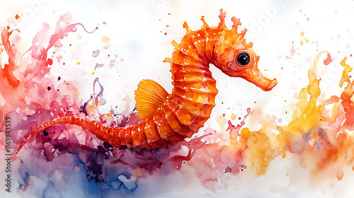 Vibrant watercolor painting of an orange seahorse swimming in colorful water splashes. photo