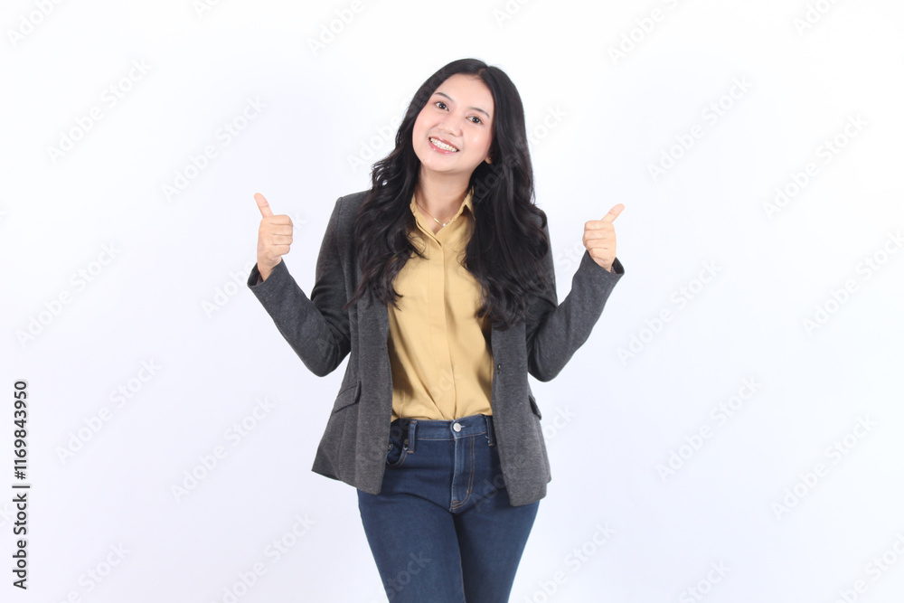 Asian business woman in grey blazer yellow shirt and showing two thumbs up Asian business woman in grey blazer yellow shirt and showing two thumbs up