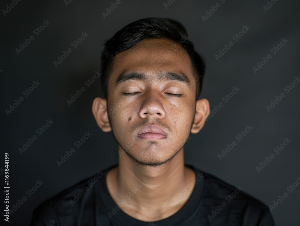Young man practicing meditation with closed eyes and hands gently resting on his chest, embodying tranquility and mental focus. Young man practicing meditation with closed eyes and hands gently resting on his chest, embodying tranquility and mental focus.
