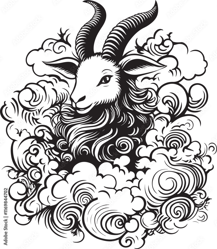 Obraz premium A painting in vector of the twelve zodiac goat drawn in black lines, this is a tattoo design surrounded by clouds and water. Elegant composition in a clip art style , isolated on a white background