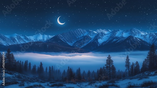 A crescent moon hangs in the night sky above a snow-capped mountain range, with a foggy valley and forest in the foreground. photo