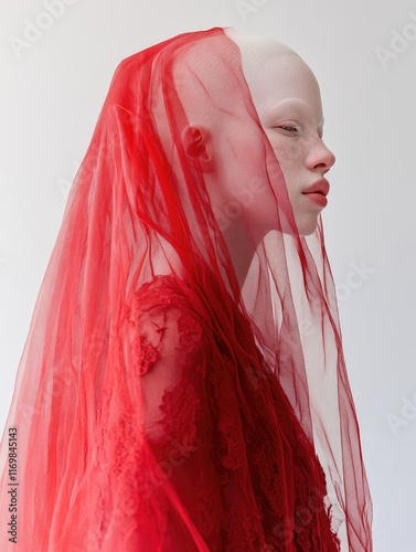Woman with a white face is wearing a red dress and a red veil. The dress is long and flowing, and the veil is draped over her head. The woman's face is the only visible part of her body