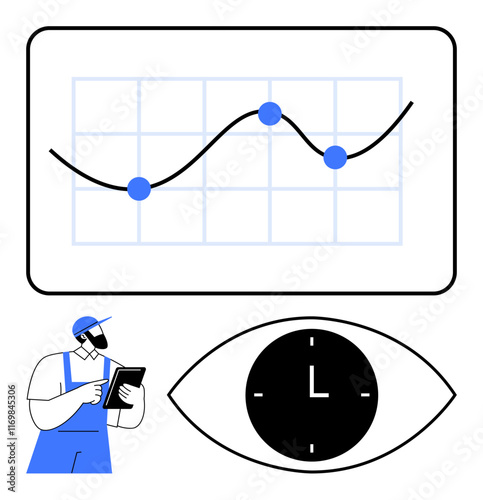 Worker viewing tablet, data graph with points, and clock in eye icon. Ideal for analytics, planning, productivity, time management, monitoring efficiency decision-making. Abstract line flat