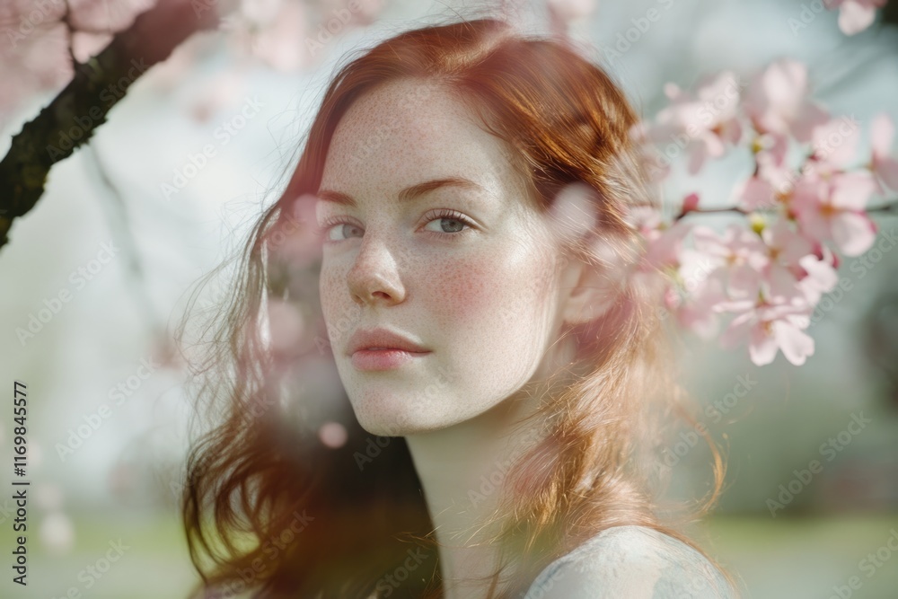 Fototapeta premium A young woman with red hair and freckles stands amidst blooming cherry blossoms.