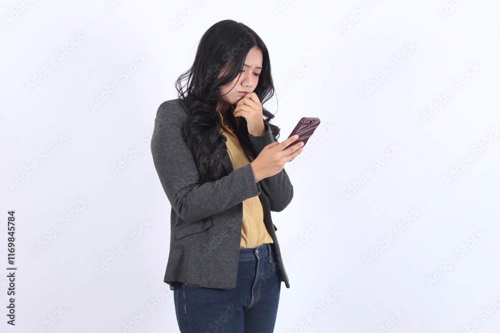Asian business woman holding smartphone company worker Asian business woman holding smartphone company worker