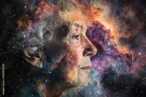An elderly woman's profile merges with a vibrant nebula, symbolizing the vastness of life and the cosmos.