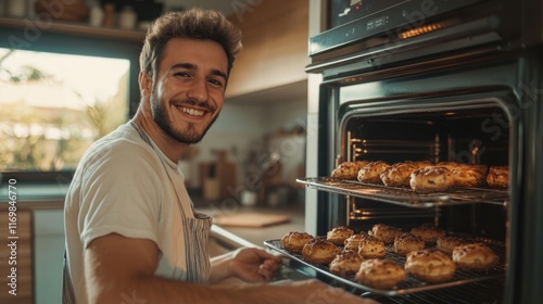 Cheerful man in a kitchen, smiling and taking out trays of freshly baked cookies from an oven. Commercial kitchen setting with wooden table and cabinets. photo