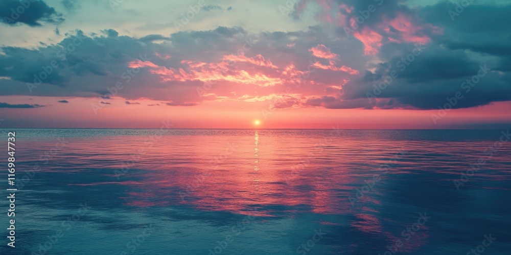 Obraz premium A serene beach scene with a vibrant sunset, reflecting on the calm ocean waters.