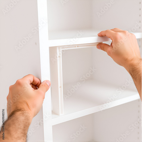 Male hands insert plastic support into one of series of holes to fix white shelf, assembling dresser or wardrobe. Self-assembly of furniture at home, DIY, furniture repair photo