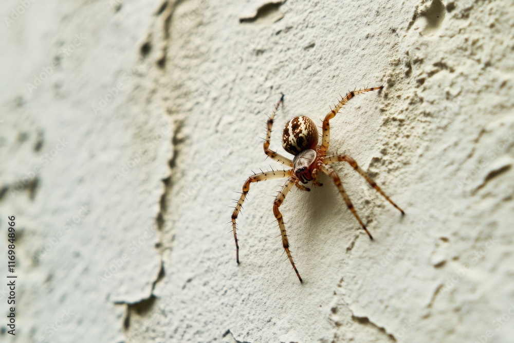 A large spider perched on a concrete wall with its front legs extended outward. A large spider perched on a concrete wall with its front legs extended outward.
