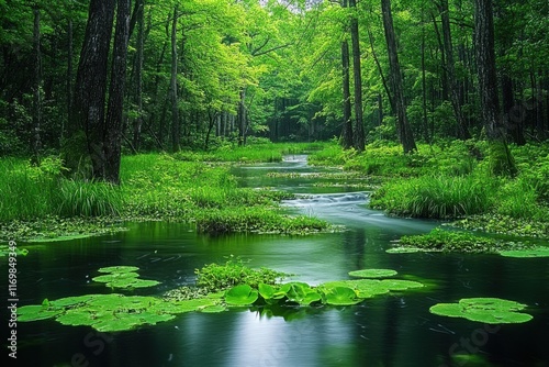 Lush swamp bursting with vibrant greenery- peaceful streams- and a thr photo