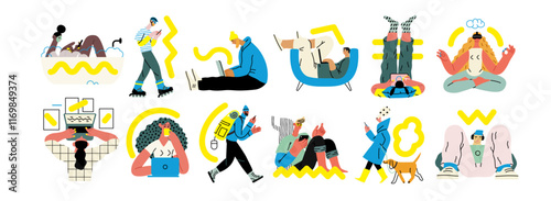 Creative workspace, modern flat vector concept illustration of a person working with a computer Remote work, flexibility, independence, efficiency, mobility, synergy, freedom