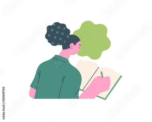Writing people, modern flat vector concept illustration- sitting woman thoughtfully writing on notebook, bubble near head Metaphor for reflection, personal insight, contemplation, creative expression