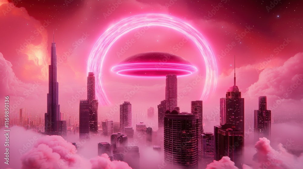 Futuristic Cityscape with Alien Spaceship and Neon Pink Atmosphere Over Urban Skyline