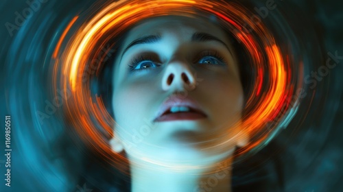 Health disturbance: female dealing with disorientation, emphasizing physical, psychological aspects of dizziness, related to stress, medical conditions, emotional equilibrium, personal well-being.