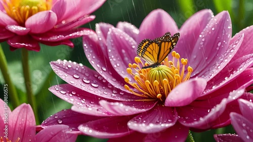 Close-up of a butterfly resting on a pink flower covered with water droplets after rain