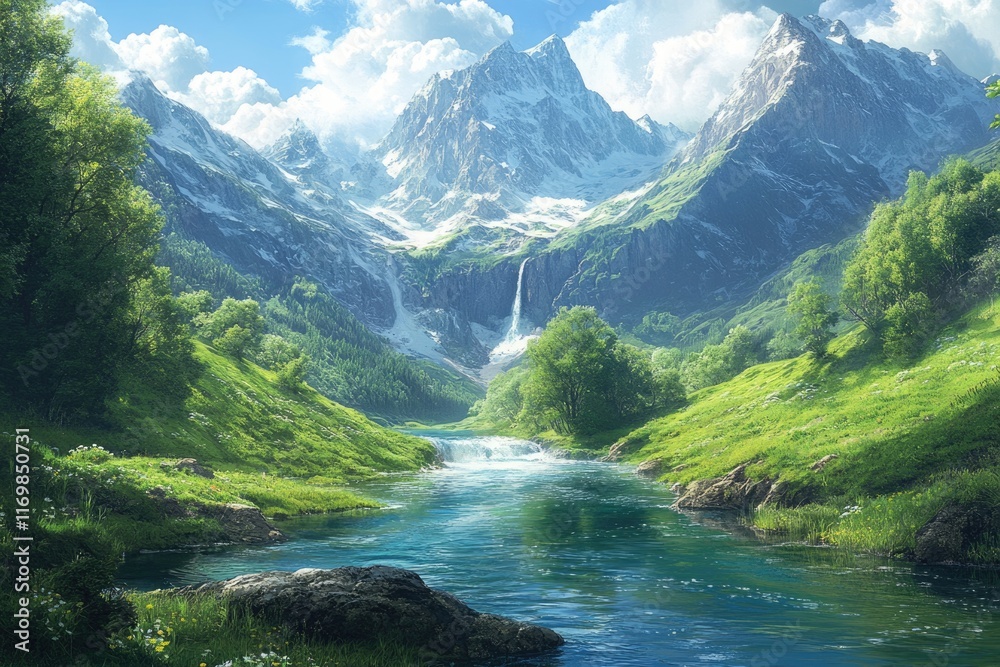Serene mountain valley with a crystal-clear river flowing through lush green meadows and snow-capped peaks. Serene mountain valley with a crystal-clear river flowing through lush green meadows and snow-capped peaks.