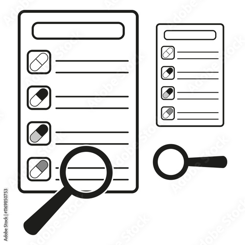 Checklist icon. Magnifying glass graphic. Document analysis tool. Vector inspection element.