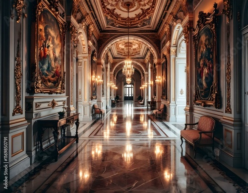 Grand Palace Hallway: Opulent Baroque Paintings and Polished Marble photo