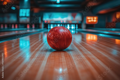 A single bowling ball sits on a polished wooden lane, ready to be bowled.