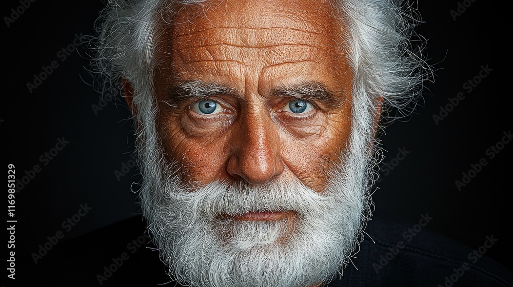 Close-up portrait of a senior man with long white beard and intense blue eyes against a dark background. Close-up portrait of a senior man with long white beard and intense blue eyes against a dark background.
