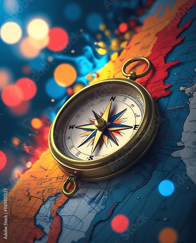 Exploring the art of navigation with a vintage compass highlighting direction and precision against a vibrant map background, symbolizing adventure, discovery, and the pursuit of new horizons in geogr