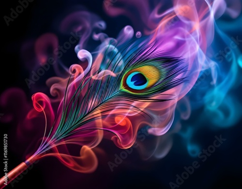 Peacock Feather in Mystical Smoke: A Vivid, Dreamlike Artwork photo