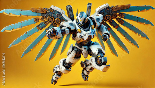 A robo animated character with wings and armor in a dynamic pose against a yellow backdrop. Generative AI.