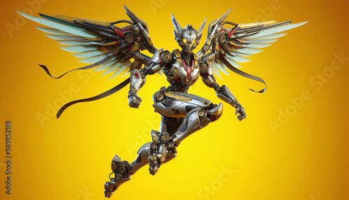 A robo animated character with wings and armor in a dynamic pose against a yellow backdrop. Generative AI.
