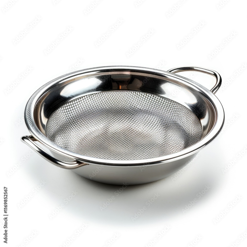 Stainless steel strainer with two handles, ideal for kitchen tasks like straining and rinsing. Stainless steel strainer with two handles, ideal for kitchen tasks like straining and rinsing.