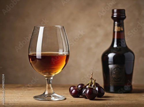 A traditional sherry glass filled with a tawny-colored sherry, sitting on a textured wooden surface.