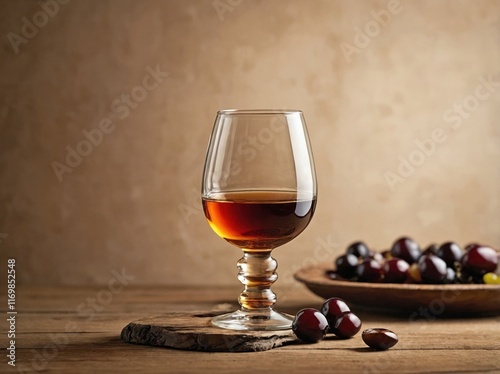 A traditional sherry glass filled with a tawny-colored sherry, sitting on a textured wooden surface.