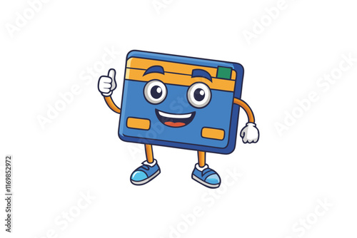 Cartoon credit card icon with cheerful face, colorful design, and cute expression on a white background, perfect for payment themes