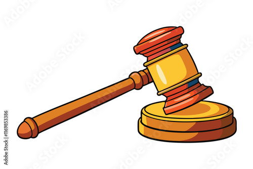 Cartoon illustration of a wooden gavel and base, symbolizing justice, law, and authority, isolated on a clean white background