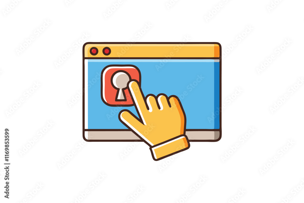 Stylized cartoon hand interacting with a web button on a browser window, perfect for web design, digital interfaces, and user actions Stylized cartoon hand interacting with a web button on a browser window, perfect for web design, digital interfaces, and user actions