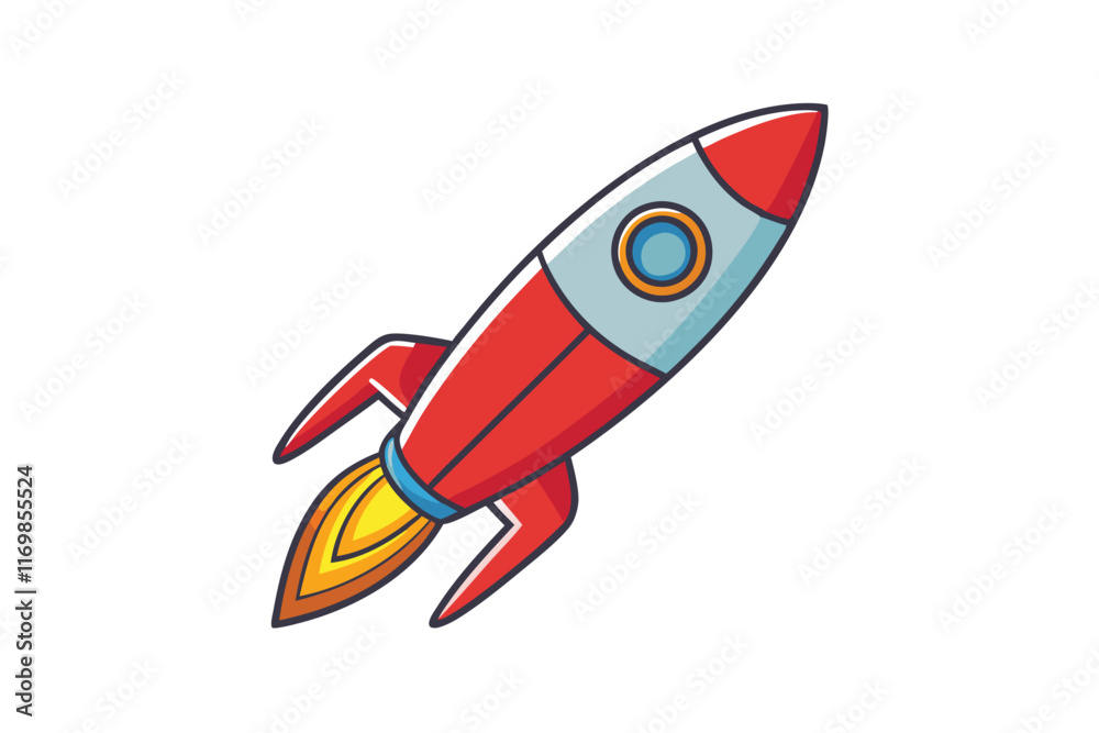 Fototapeta premium Stylized rocket icon with red, white, and blue design and flames, representing space travel and innovation in a fun, playful manner