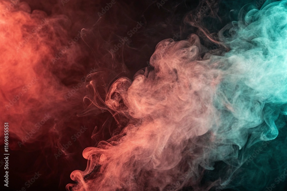 Abstract background red and turquoise green clouds in a dark space. Empty space for copy. Mystery. That empty space. Smoke teleon.