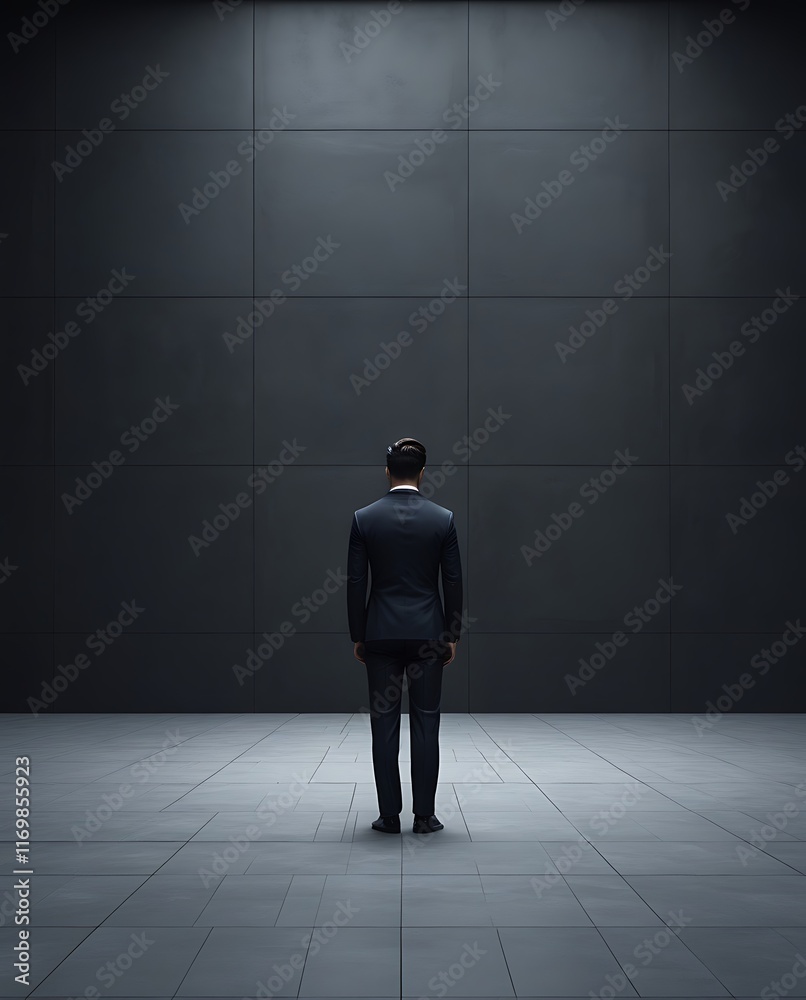 Fototapeta premium solitary businessman standing in modern minimalist space powerful symbolism of leadership focus determination and solitude representing inner strength professional growth and ambition in business