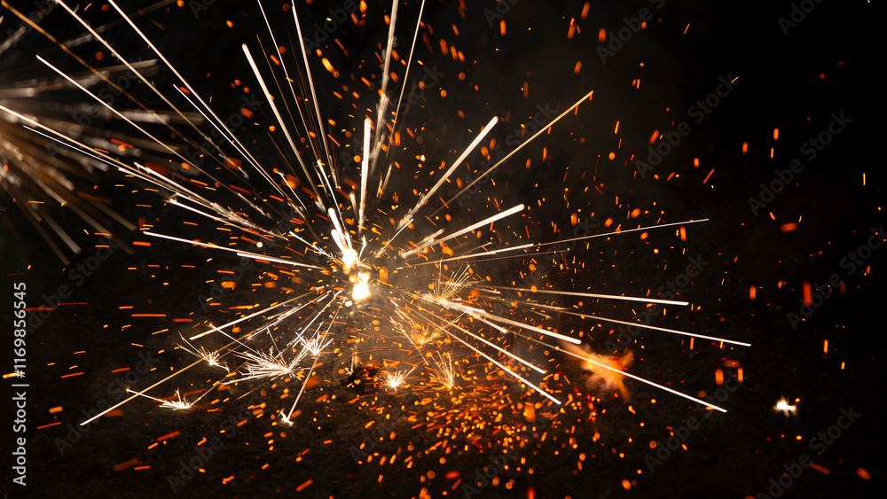 Obraz premium Fireworks and sparks on a black background. Celebration of the New Year and Christmas.
