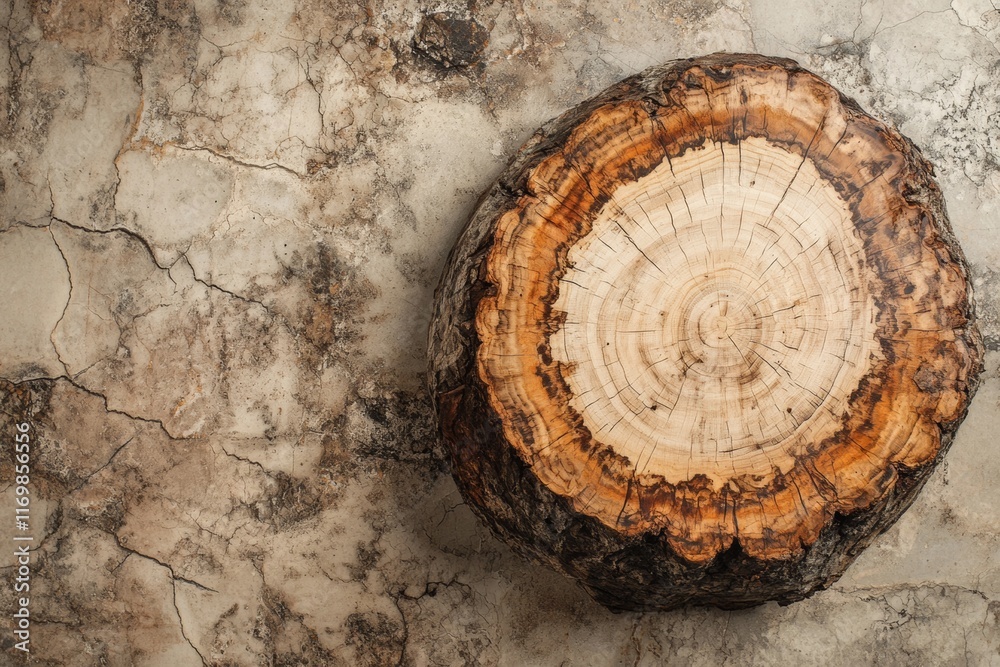 Close-up of a tree trunk cut, showing the rings, on a rough concrete background. Close-up of a tree trunk cut, showing the rings, on a rough concrete background.
