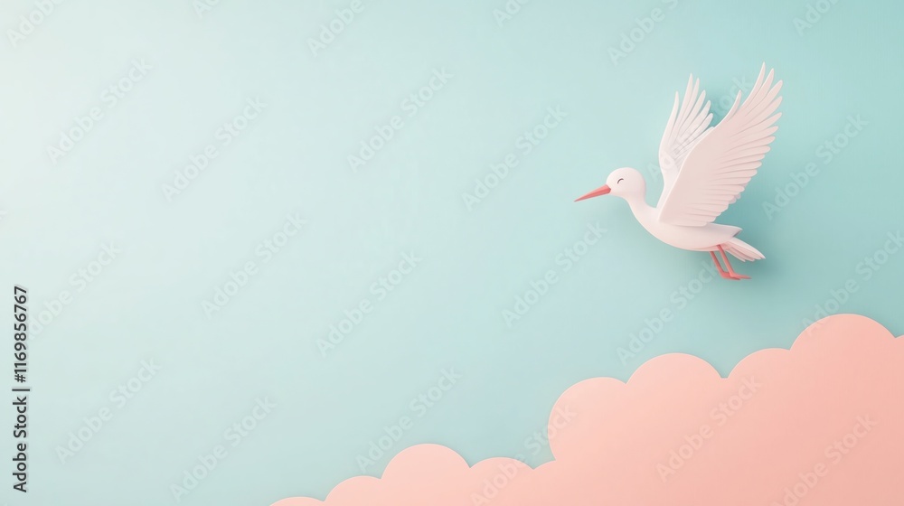 Fototapeta premium Charming Baby Shower Invitation Featuring a Flying Stork Against Pastel Clouds Perfect for Celebrations and Announcements in Minimalist Design with a Touch of Playful Elegance