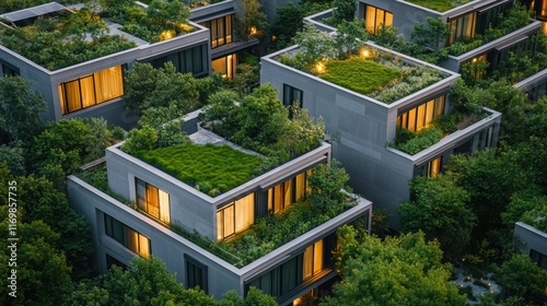 An eco-friendly housing project showcasing homes with green roofs, natural construction materials, and integrated renewable energy systems  photo