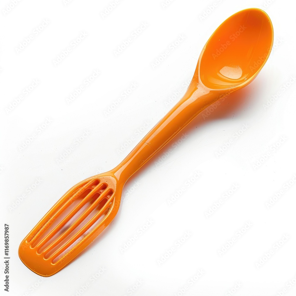 Orange plastic kitchen utensil with spoon and slotted spatula for serving or cooking.
