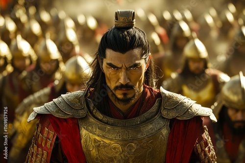 A scene from the movie, with an ancient Chinese general, wearing red armor and a crown, standing in front of an army. 