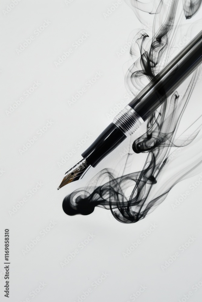 Naklejka premium Elegant fountain pen with ink swirling, creating artistic abstract background. Perfect for writing, creativity, and stationery concepts.