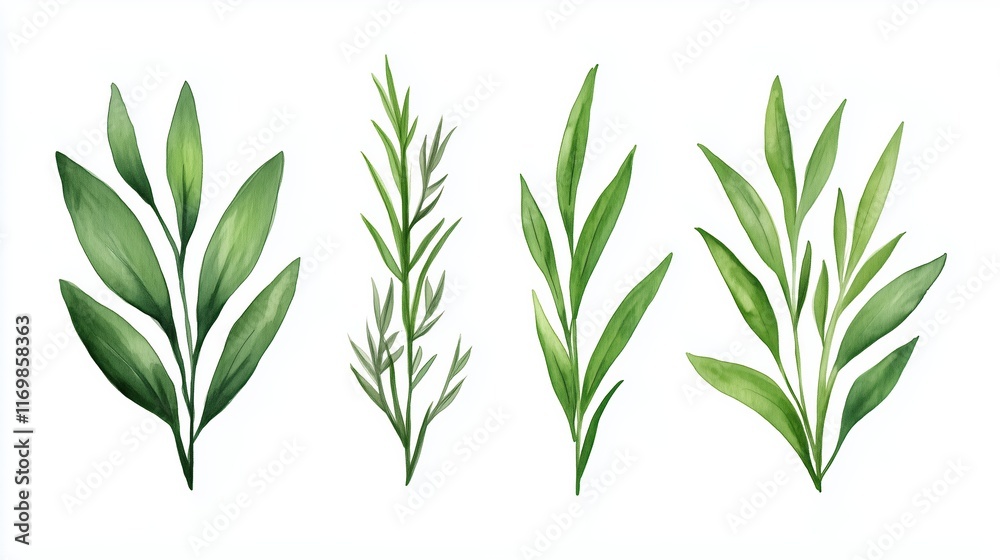 Obraz premium Collection of Tarragon Leaves on Isolated White Background for Culinary and Botanical Use in Fresh Herb Designs